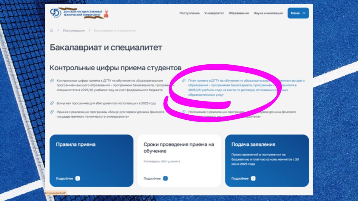 Пример официального сайта Донского государственного технического университета. Цветом отметил, где будут опубликованы платные места.