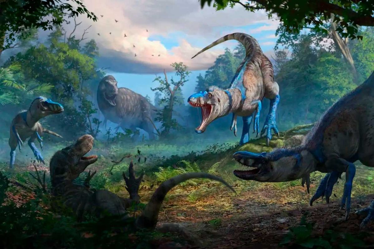    Нанотираннусу нападают на детенышей Тираннозавра рекса, в представлении художника / © Anthony Hutchings