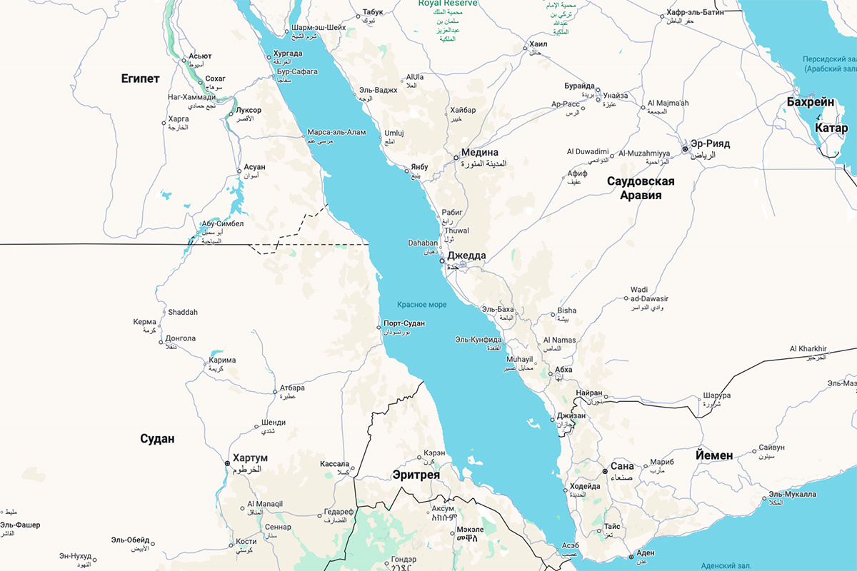 Google Maps📷Красное море отделяет Африку от Азии и соединяет Индийский океан со Средиземным морем через Суэцкий канал