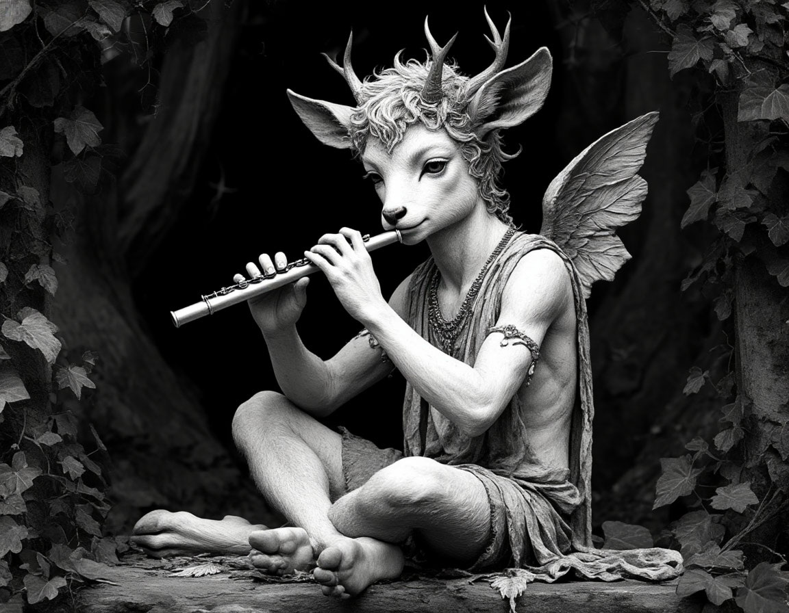 мифический полубог фавн играет на флейте в лесу