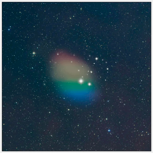 Художественное изображение газообразного водорода, наблюдаемого в тёмной галактике J0613+52. Цвета указывают на вероятное вращение газа относительно наблюдателя (красный = от нас, синий = в нашу сторону). Этот снимок был сделан с использованием звездного поля из STScI POSS-II с дополнительной иллюстрацией NSF/GBO/P.Vosteen.