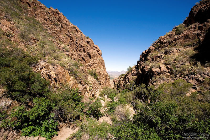 Ущелье с крутыми рыжими скалами расходится к горизонту, открывая узкий просвет в сторону дальних пустынных равнин.