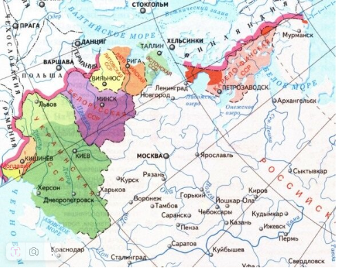 Запад СССР в 1940 году с измененными территориями Белоруссии и Украины, а также с "новыми республиками": Карело-Финской, Эстонской, Латвийской, Литовской и Молдавской