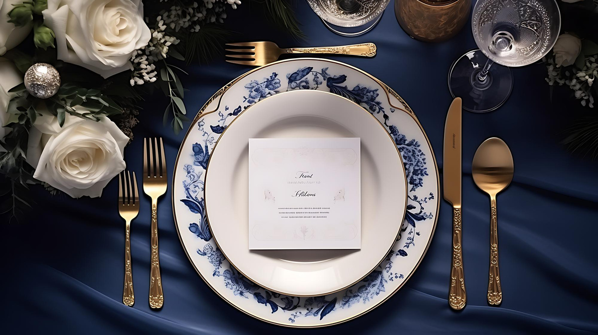 Скатерть и детали сервирвки насещенного синего цвета