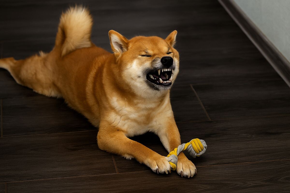 Собака чихает во время игры