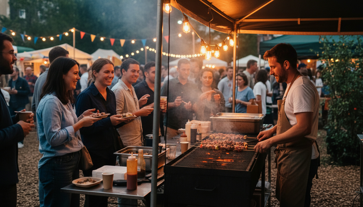   Летний фестиваль: палатка с грилем и очередь