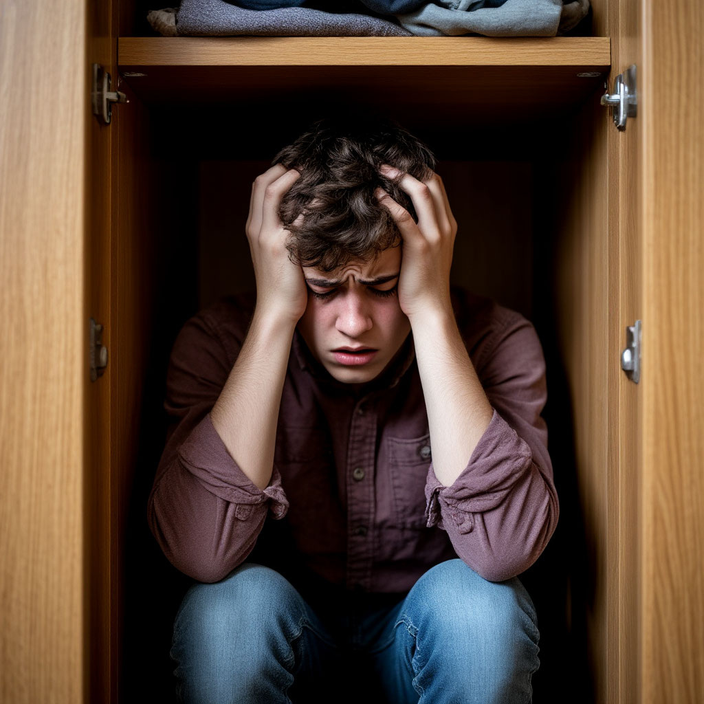 испуганный Витольд прячется в шкафу от попкорна