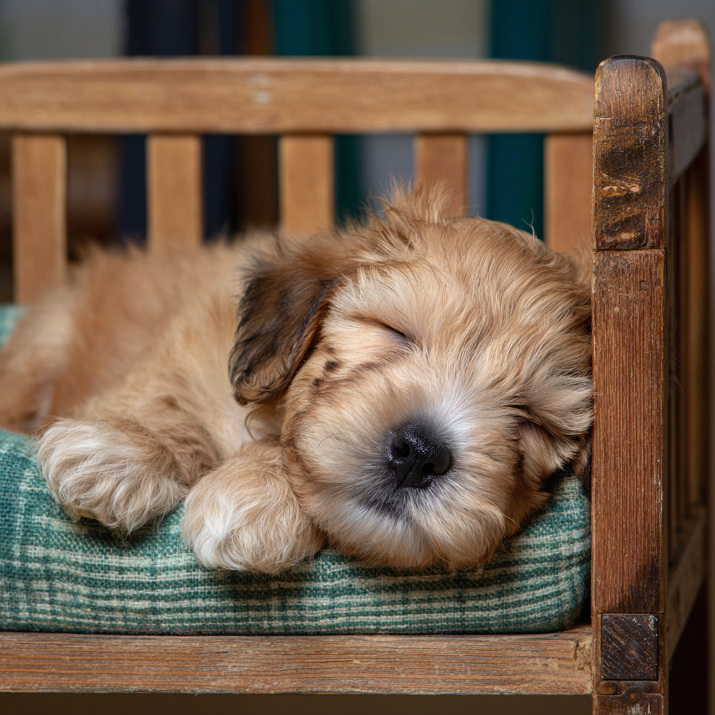 щенок на собственном месте, уютно расположился и отдыхает