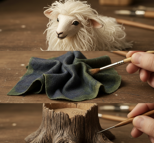 тонкие слои ваты создают эффект шерсти, ткани и дерева