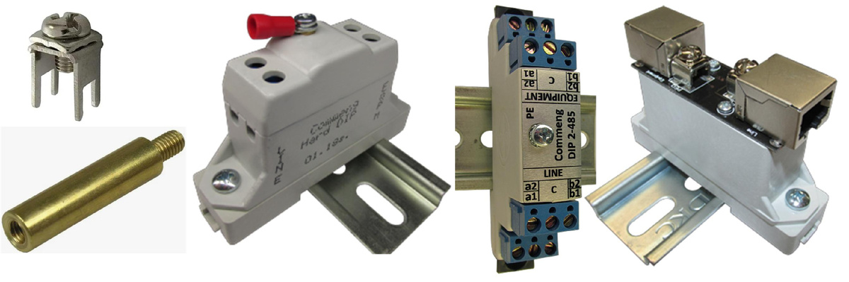 Слева контакты заземления типа «винтовая клемма» и стойка, справа – примеры конструкций с их применением.