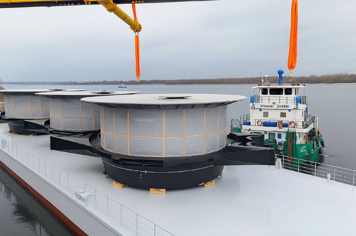 📷 1.1: Пять новых плавучих причалов на пути в Москву: крупные дисковые понтоны на барже под Волго-Камским маршрутом.