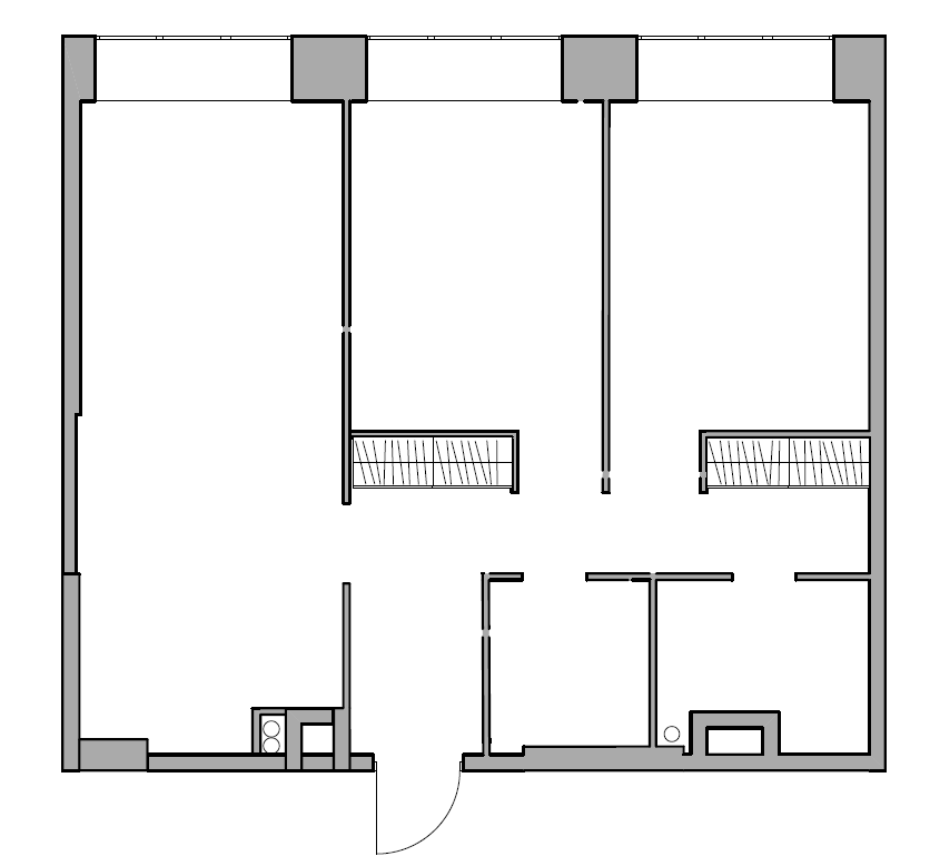 планировка от застройщика, правая спальня совмещена с гардеробной и санузлом, дверь второй спальни располагается напротив гостевого санузла. Кухня располягяется в глубине левого помещения дальше от окон