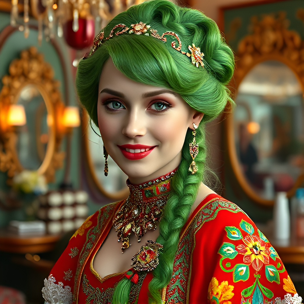 Кикимора Кики после работы стилиста Вероники. В галерее иллюстрации созданы нейросетью для онлайн генерации картинок dezgo.com.