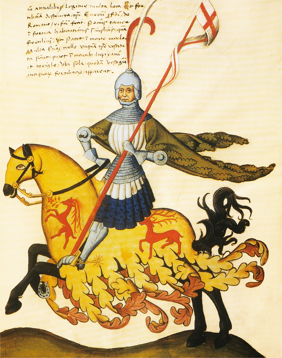 Четвертные листы лошадей
Четвертные листы, изначально не применявшиеся в военных действиях, начали использоваться в турнирах во второй половине XII века и со временем стали их неотъемлемой частью. Позже их стали надевать на лошадей во время выступлений шутов, парадов и других торжественных мероприятий. Эти листы могли быть украшены цветами гербов или даже полностью их изображать (например, герб падуанской семьи Каподилиста: золотое поле с червленым оленем). Также они могли быть однотонными, иногда в соответствии с установленным цветовым кодом. К концу Средневековья они приобрели преимущественно декоративное значение.
Кодекс Каподилиста, ок. 1438-40. Падуя, Biblioteca civica, фолио 22.