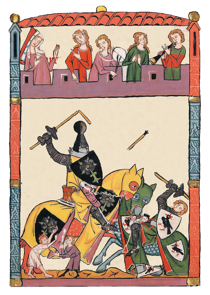 Жёлтый рыцарь
В рыцарских романах Франции и англо-нормандской культуры XIII века использовалась цветовая символика для монохромных щитов рыцарей и их коней. Красный рыцарь, как правило, олицетворял злодея с дурными намерениями. Черный рыцарь мог быть как положительным, так и отрицательным персонажем, но всегда стремился к анонимности. Зеленый рыцарь (справа) представлял собой молодого, импульсивного воина, склонного к хаосу. В отличие от него, желтый рыцарь часто изображался как мудрый и спокойный, нередко занимающий высокое положение. В средневерхненемецких романах, где этот цветовой код соблюдался с разной степенью строгости, синий рыцарь отсутствовал.
Манессе, Цюрих, ок. 1300 - 1305. Heidelberg, Universitätsbibliothek, Cod. Приятель. зародыш. 848, фолио 192 v °.