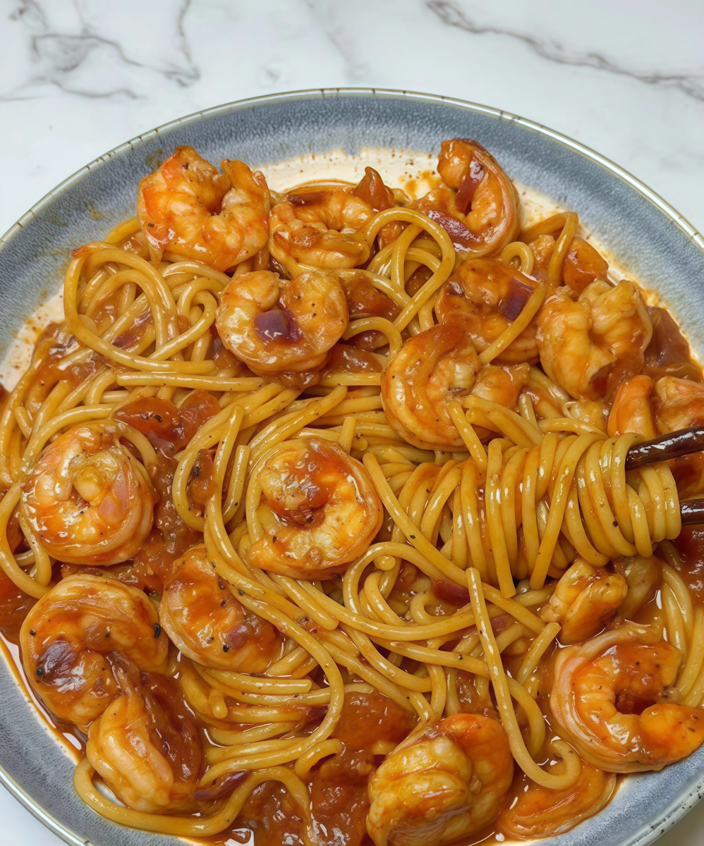 Спагетти с креветками и чесноком