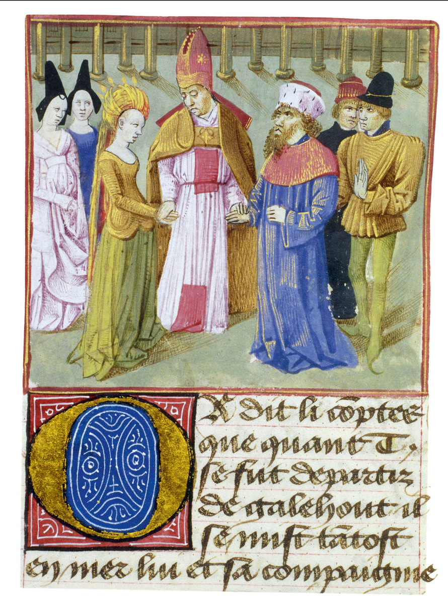 Брак короля Марка и Изеульты 
В средневековых романах Изеульт предстает как воплощение идеальной блондинки-королевы, ее волосы сравниваются с золотыми нитями. Именно этот образ, заочно покоривший короля Марка, стал причиной его желания жениться на ней. Однако судьба уготовила этому союзу печальный, даже трагический исход. При этом, вопреки распространенному мнению и иконографии, изображающей Марка злодеем, он не был виновником трагедии.
Роман де Тристан в прозе, Бурж или Тур, ок. 1465 - 70. Париж, Национальная библиотека Франции, г-жа français 102, фолио 58 v °.