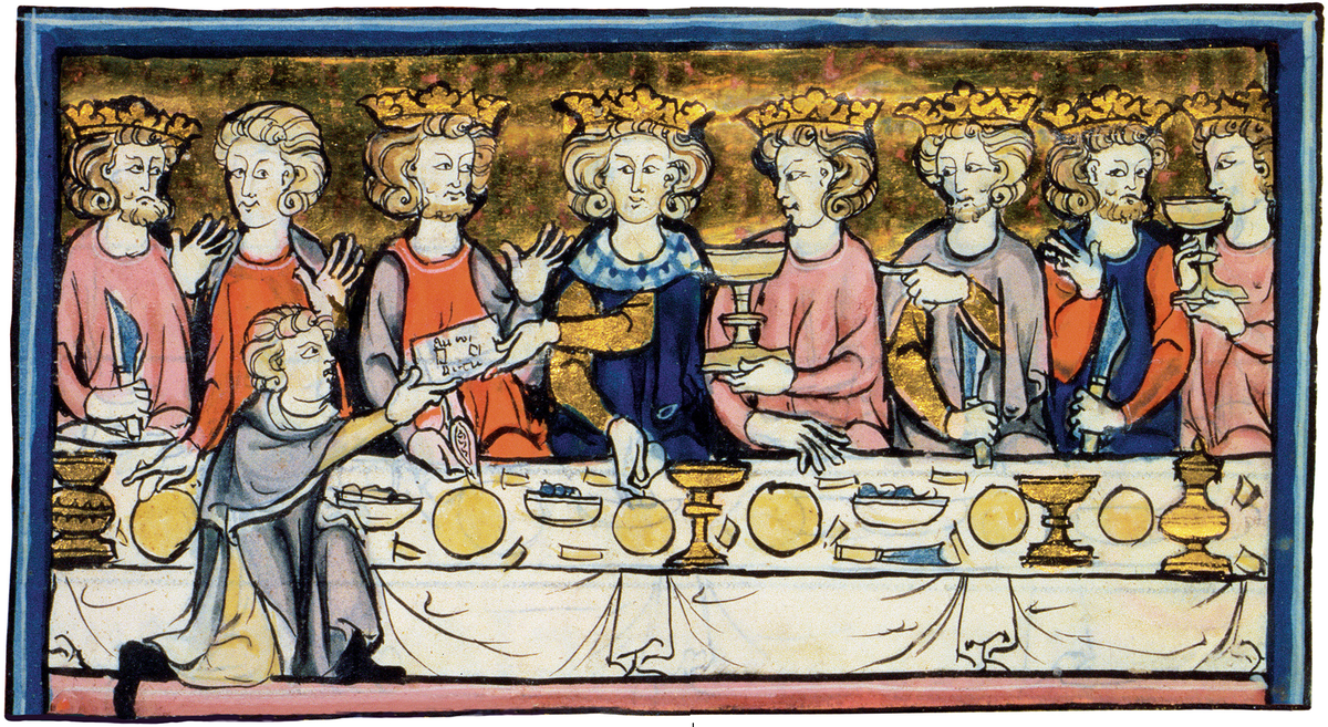 Банкет при дворе короля Артура
За ужином, в атмосфере присутствия лордов, дам и рыцарей, Артур, представленный как юноша, принял послание. Особое внимание художника было уделено тому, чтобы подчеркнуть разницу между сиянием золота, украшающего короны и изысканные блюда, и золотым фоном миниатюры. Хлеб же, лежавший на столе, имел лишь легкий желтоватый оттенок.
Ланселот-Грааль, деталь Therouanne (?), ок. 1290. Париж, Национальная библиотека Франция, г-жа Франс 95, фолио 326.