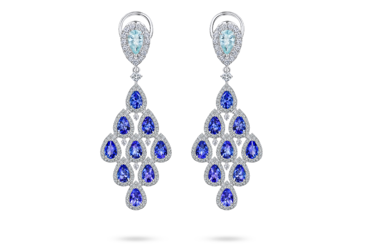 Серьги из золота с бриллиантами и турмалинами параиба