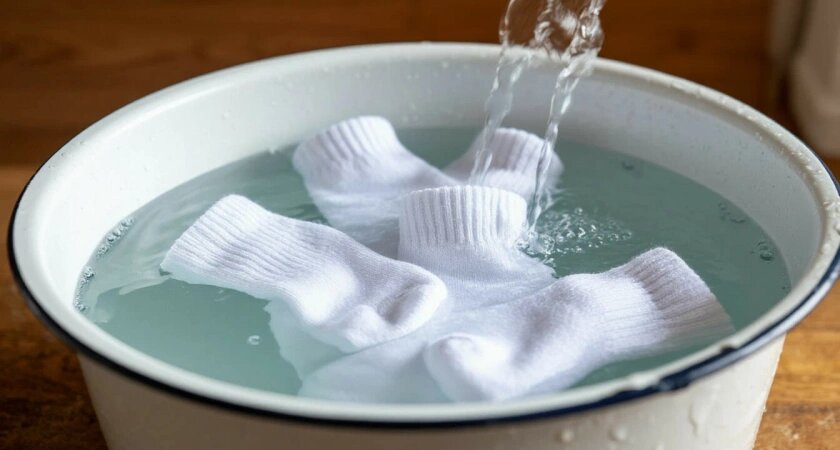    Кидаю 4 ложки в таз — и даже самые заношенные носки станут белее первого снега: простой и полезный лайфхак