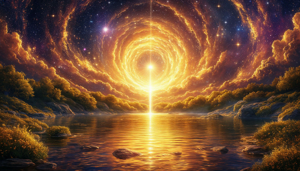 Рождение истинного богатства: из пустоты возникает сияющая точка, расширяющаяся в мандалу мироздания. В её центре — источник, где материя встречается с духом, рождая драгоценные потоки. Эти реки текут через измерения, создавая алмазные сети вселенского обмена, где истинное богатство — энергия творения, доступная тем, кто нашёл путь к истоку.