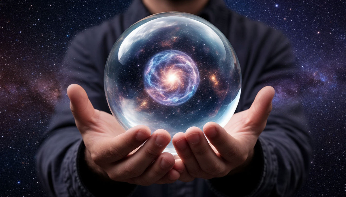 Бремя дара: человек несёт кристальный шар, внутри которого бьётся сердце вселенной — те, кто просто хотят богатства, видят лишь поверхность, но готовые нести ощущают его пульс и дыхание, и тогда изобилие становится продолжением их воли.