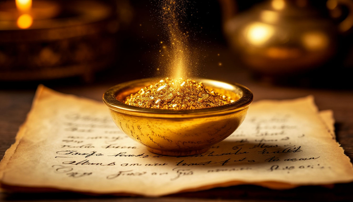 Трансмутация ценностей: золотой слиток растворяется в чернилах, которыми пишутся вечные истины на пергаменте судьбы. Перо сделано из древа познания, а чернильница — из сердца, научившегося видеть суть за блеском.