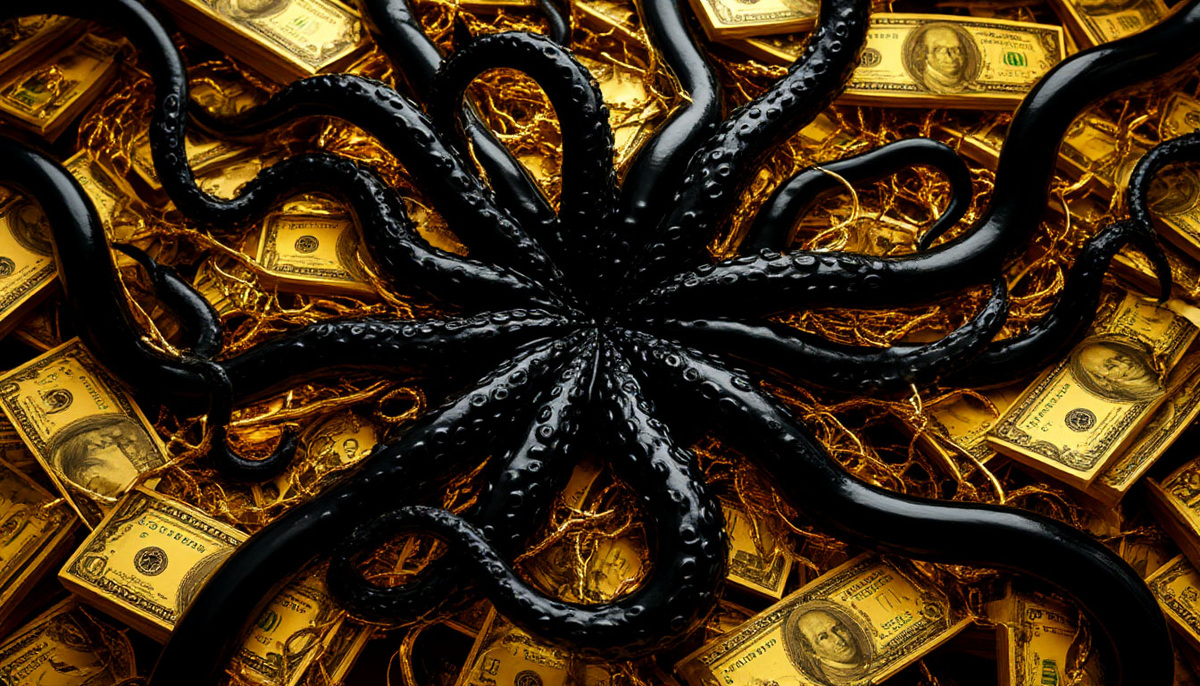 Яд сравнения: зависть как чёрные щупальца, опутывающие золотые финансовые потоки. Глаза, смотрящие на чужие успехи, становятся шлюзами, перекрывающими течение собственного изобилия. В зеркалах чужих достижений человек видит лишь искажённые тени, не замечая собственные созревающие плоды. Фоном — застывшие водопады монет, превратившиеся в колючие кристаллы из-за энергии недовольства.