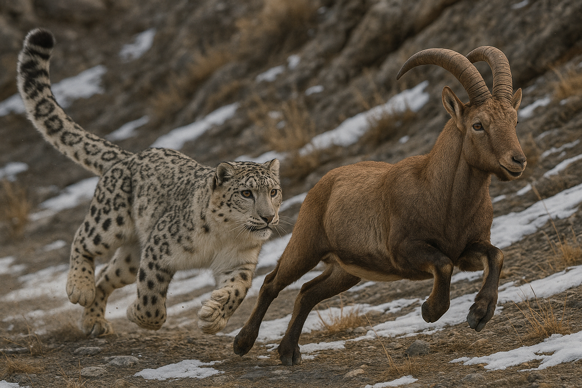Снежный барс настигает горного козла