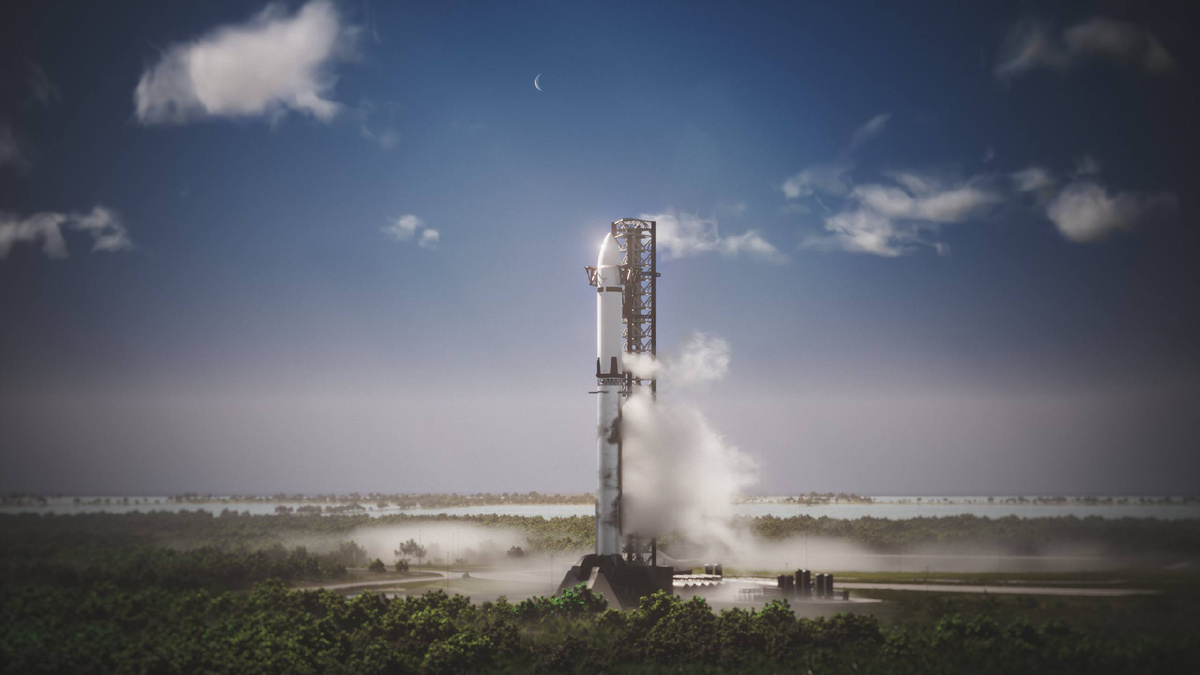 Starship HLS на стартовой площадке в представлении художника. Изображение — SpaceX.