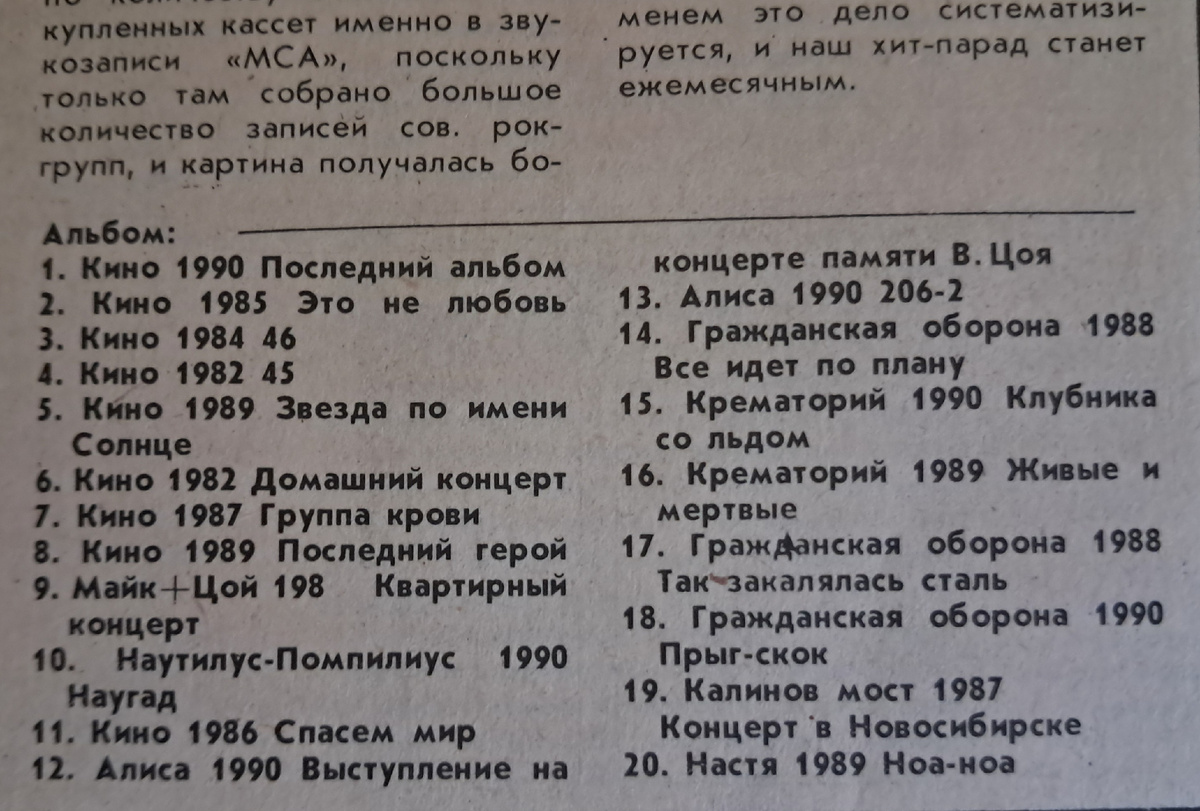 Хит-парад Студии МСА в газете "Всем назло", 1991 год, # 1. Первые 9 мест занимает Виктор Цой и группа "Кино".