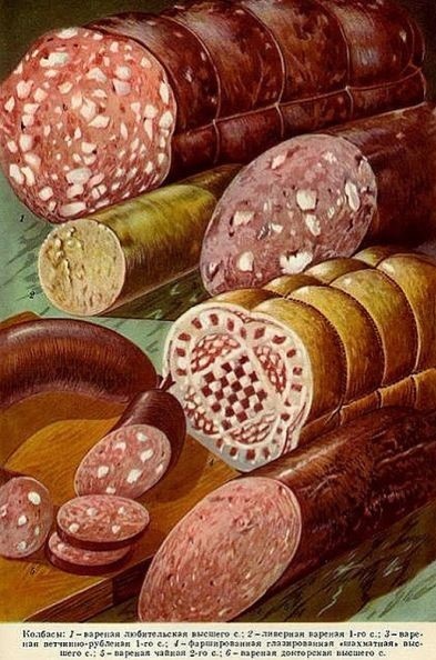 Виды колбас. Иллюстрация из  "Книги о вкусной и здоровой пище", 1952 г.