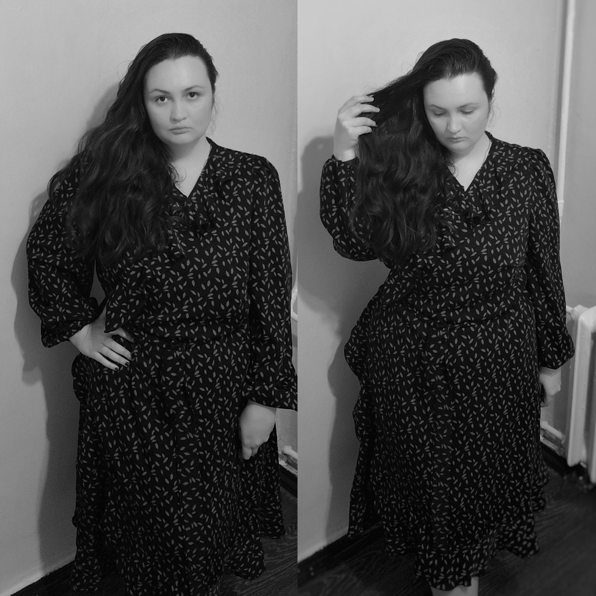 На фото платье 68 размера, в которое я обернулась дважды