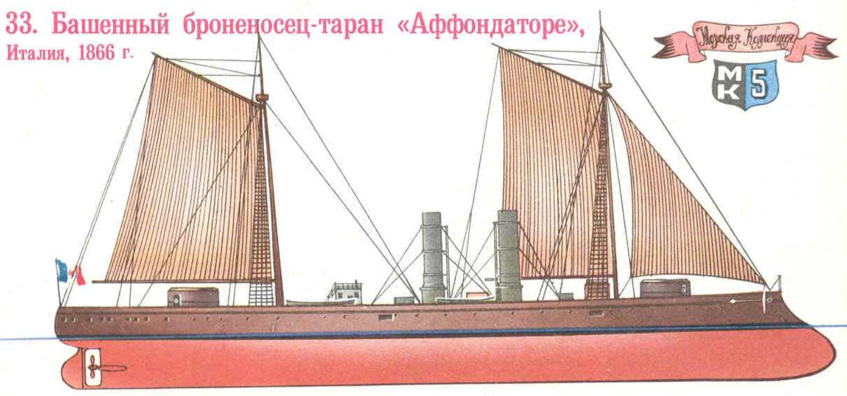 Итальянский башенный броненосец-таран "Аффондаторе" - рисунок из "Морской коллекции" (МК)