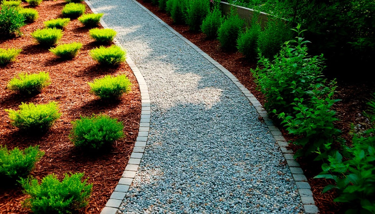 Садовые дорожки из гравия обеспечивают естественный и эстетичный вид, легко укладываются, не требуют сложного ухода и позволяют воде свободно проникать в почву, предотвращая застой влаги.