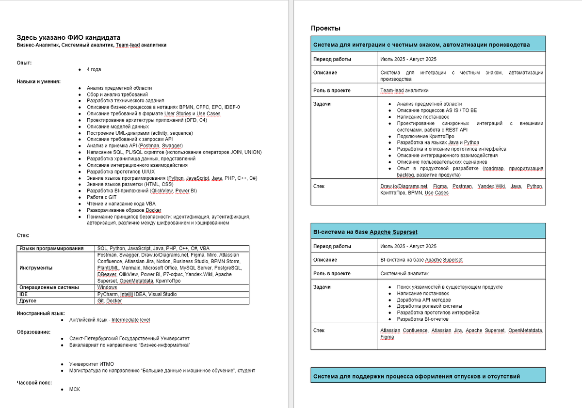 Первый лист резюме кандидата (всего резюме на 5 листов).
