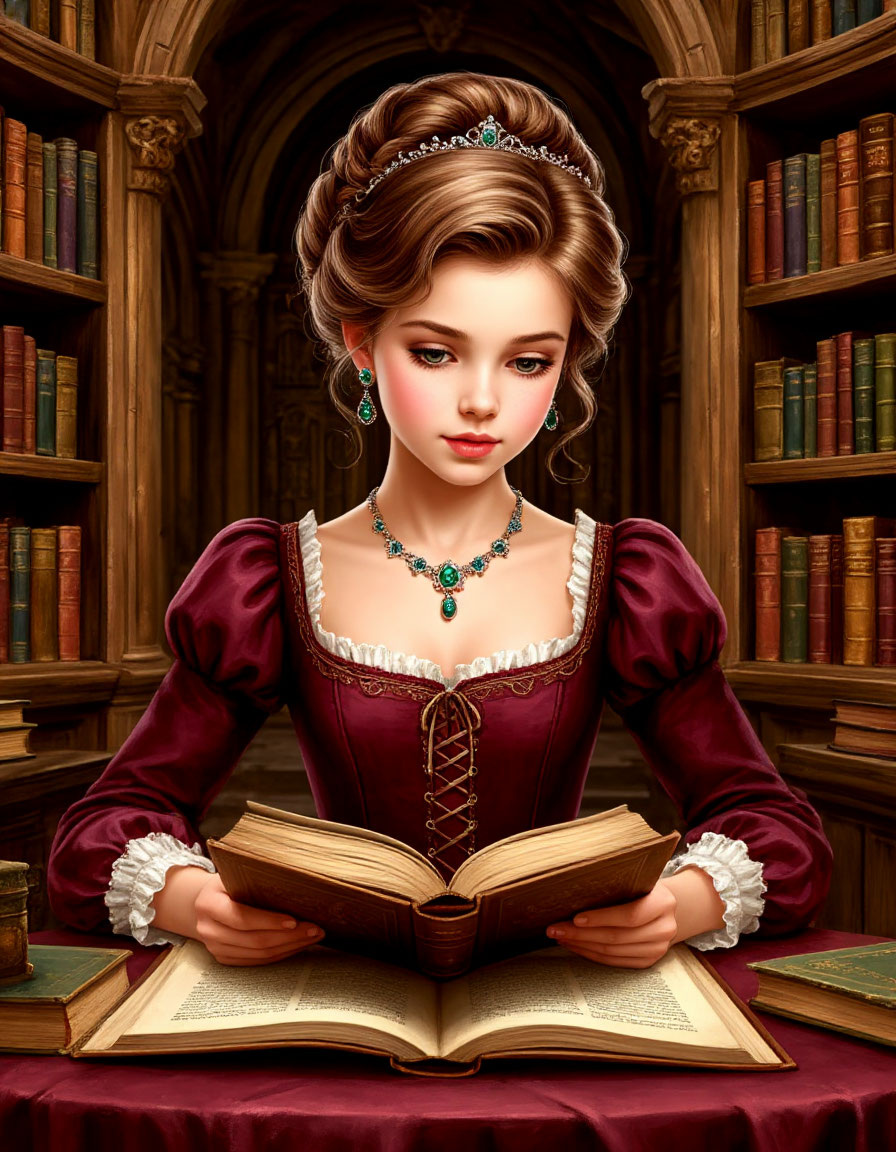 Ника в библиотеке. Картинка создана нейросетью по запросу автора.