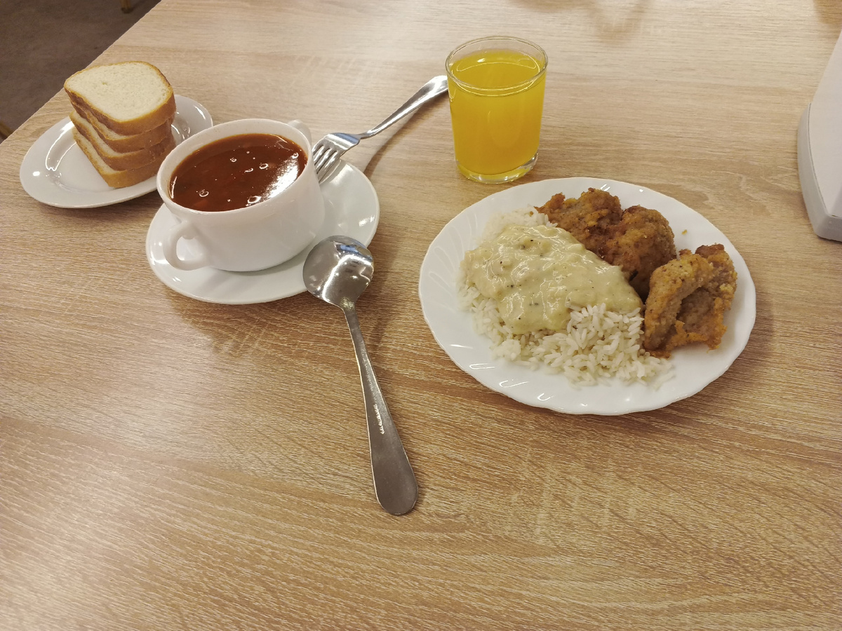 Ну, и чтобы два раза не вставать, сразу обед. Вкуснейший борщ... Рис с подливой и котлетки... И сок. Фото Галины Малышевой.