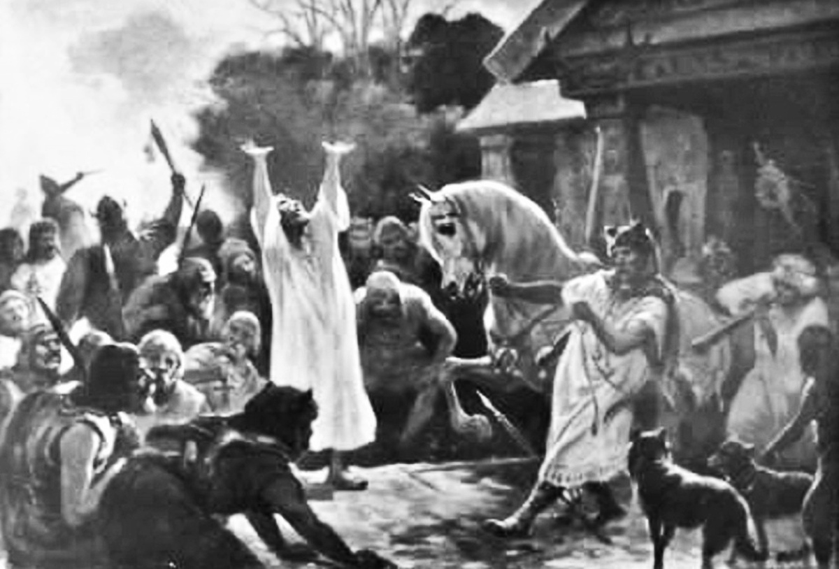 Священного коня выводят для проведения гадания из Арконского храма.