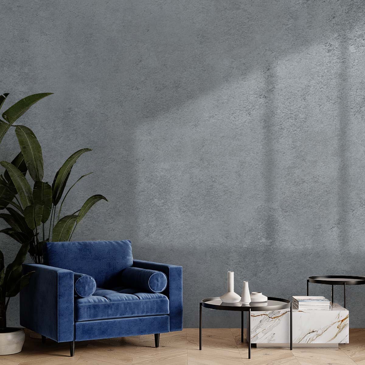 Пример интерьера с отделкой стены под бетон. Материал: флизелиновые фотообои VEROL. Артикул на WB: 500280392.