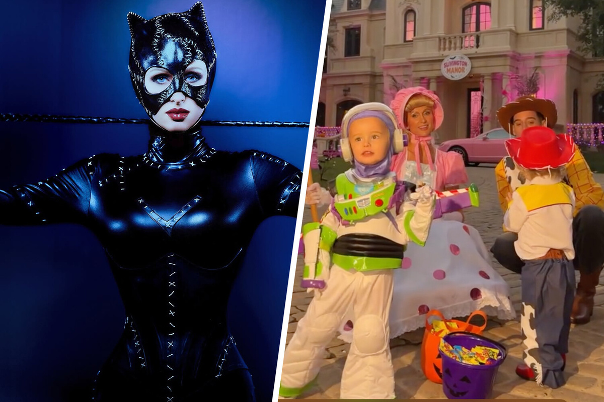 Пэрис Хилтон в образе женщины-кошки (слева) и c семьей в образах из мульфильма "История игрушек" ©parishilton/Instagram  📷