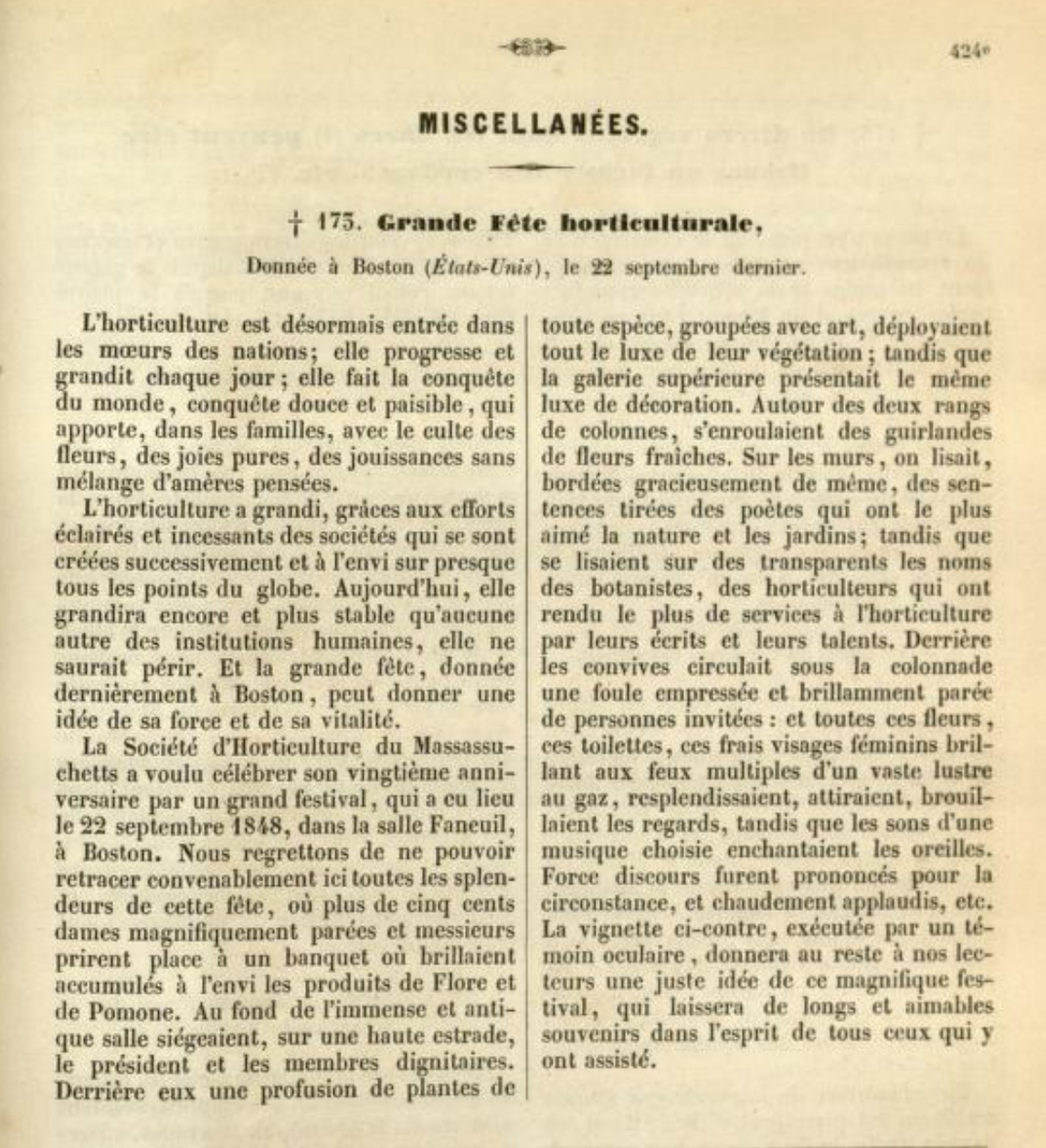 Текст статьи из журнала Луи Ван-Гутта "Flore des serres et des Jardins de l'Europe" о фестивале садоводов в Бостоне.