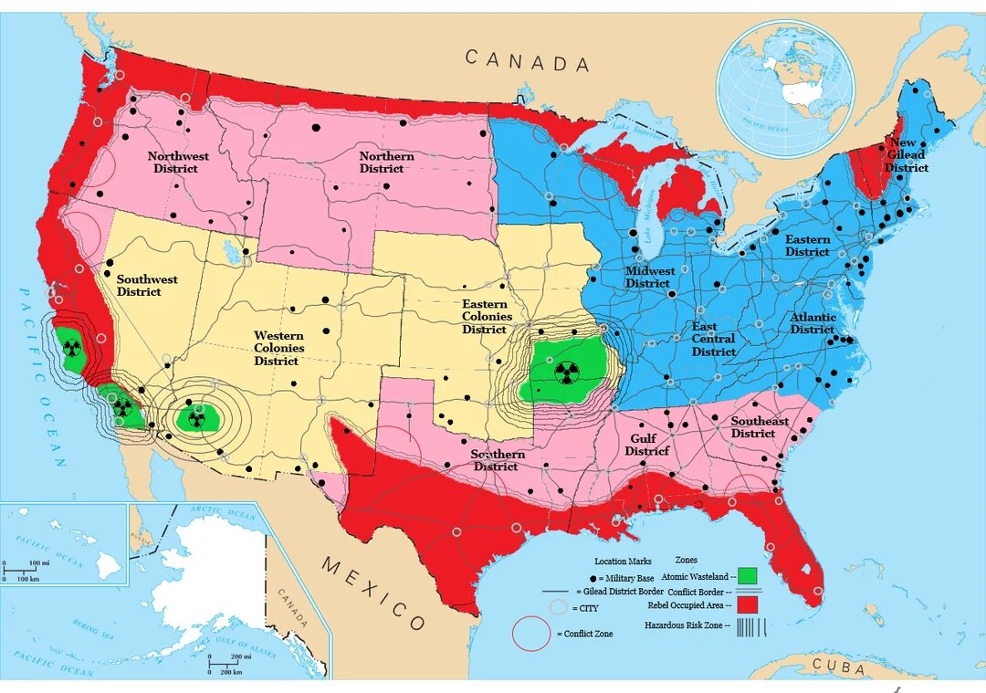 Представленная карта изображает вымышленную Республику Гилеад из сериала «Рассказ служанки». Это тоталитарное теократическое государство, которое сформировалось на территории бывших Соединенных Штатов Америки. Карта иллюстрирует территориальное деление и конфликты, упомянутые в сериале. Источник: https://www.reddit.com/