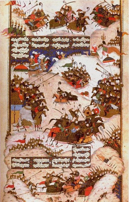 Битва с участием Бахрама Чубина и Хосрова II. Средневековая иранская миниатюра