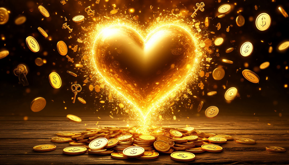 Щедрость, открывающая шлюзы изобилия: сияющее сердце, из которого изливается золотой поток, притягивающий летящие символы благословений — монеты, ключи, свитки и ростки. Энергетическая воронка, созданная светом, собирает дары вселенной.