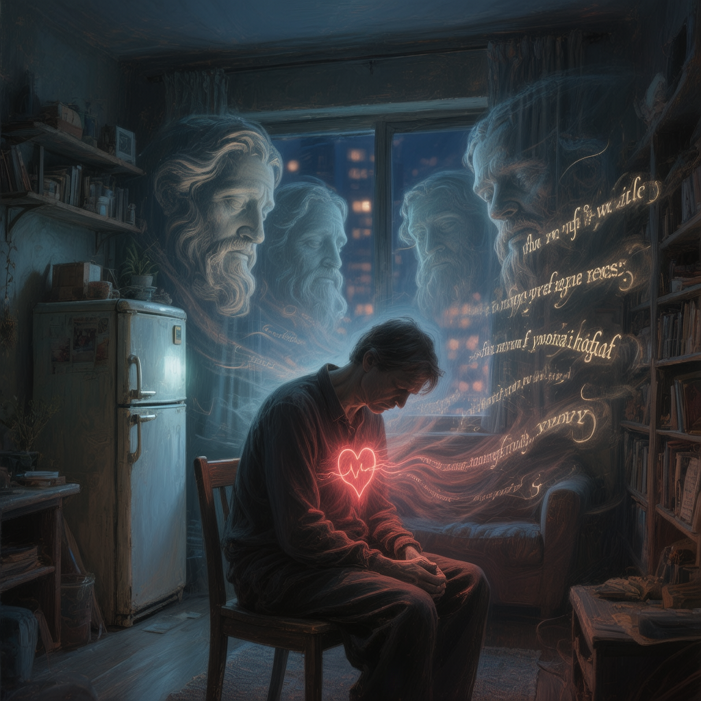Одинокая душа в ночи, окружённая эхом философских идей, словно мелодия, пришедшая из прошлого.