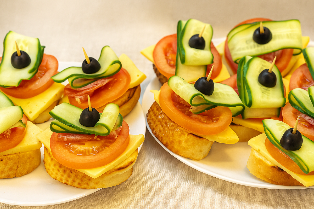 Праздничная закуска канапе с колбасой и сыром 