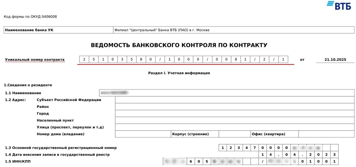 Пример ВБК с УНК для банка ВТБ