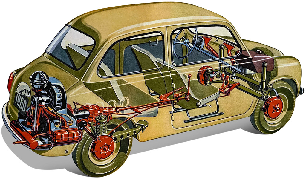 Рисунок Э. Р. Молчанова для журнала «За рулем», № 3 за 1959 год. Вскоре Молчанов его переделает, вписав вместо оппозитного V-образный мотор