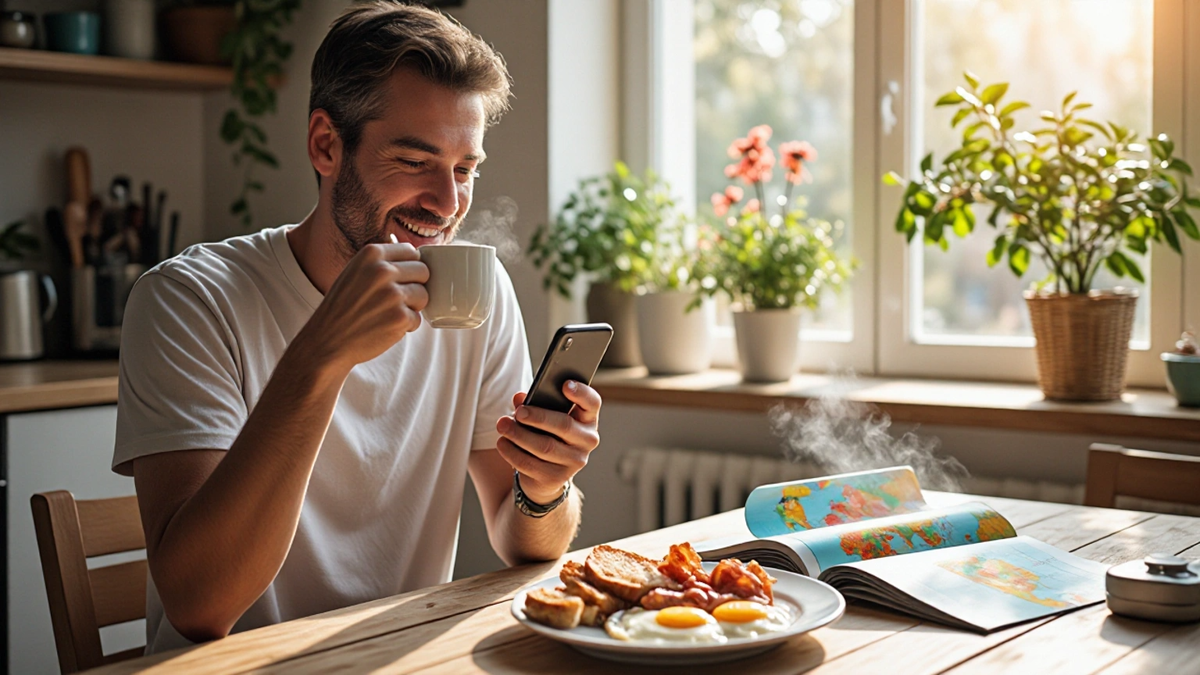 Мужчина использует нейросеть DeepSeek для организации своей повседневной жизни за утренним кофе.